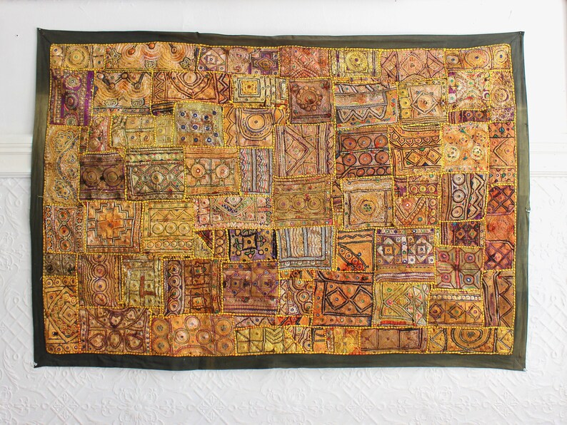 Old Rajasthani Indian Patchwork Zari Mirror Work Tapestry Etsy