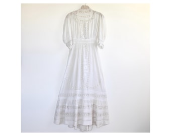 Antique Edwardian Lawn Cotton Dress Hand Embroidered Whitework and Lace Inserts - 1890 - 1910