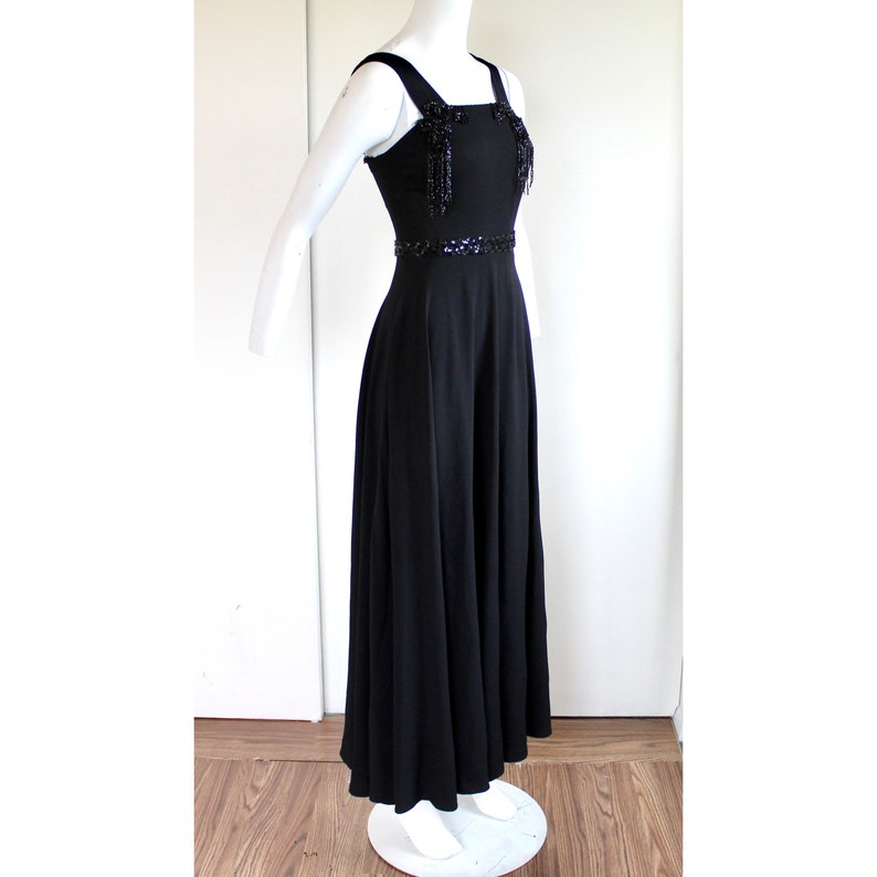 1930s Crepe Rayon Gown with Black Czech Bead Applique and Fringe Embellishments image 4