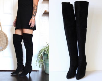 Maud Frizon Thigh High Suede Boots - Vintage Over The Knee Leather Boots with Mid Heels - Designer Shoes