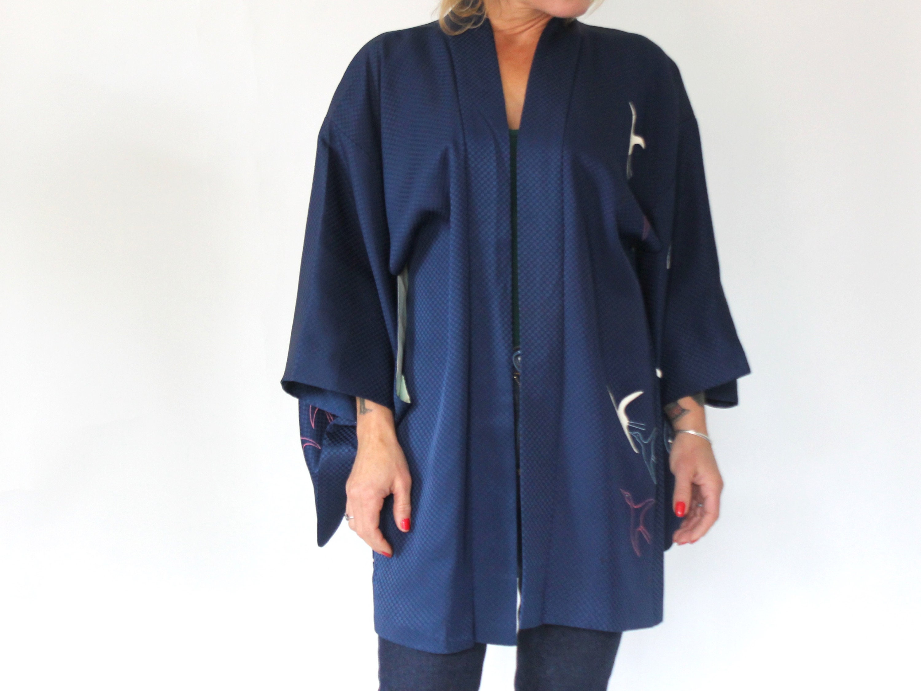 Vintage Japanese Silk Kimono Robe with Birds in Flight