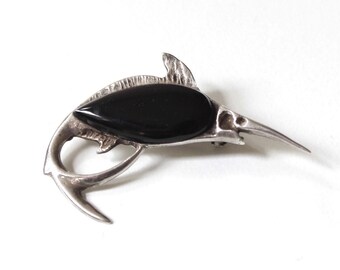 Sterling Silver Swordfish Cabochon Brooch with Hidden Bail - Necklace Pendant Brooch Vintage Jewelry