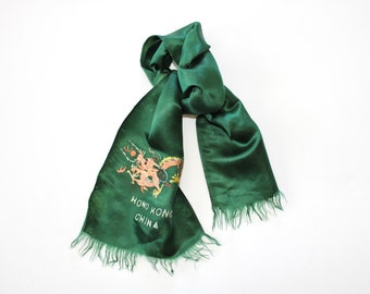 1930s Embroidered Emerald Green Satin Scarf Hong Kong China