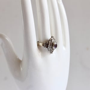 Antique Bohemian Garnet and Pave Marcasite Thai Princess Ring Sterling Silver Faceted Oval Bezel Setting Flat Band Size 6 image 3