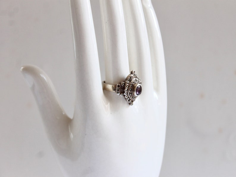 Antique Bohemian Garnet and Pave Marcasite Thai Princess Ring Sterling Silver Faceted Oval Bezel Setting Flat Band Size 6 image 3