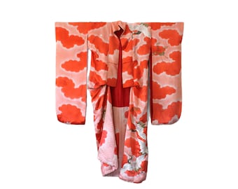 Vintage Japanese Silk Uchikake Wedding Kimono Coat: Gold Cranes Furisode
