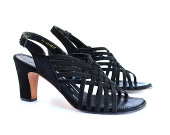 Jaren 60 geweven suède slingback sandalen - Joseph Magnin vintage hakken - maat 5,5 "