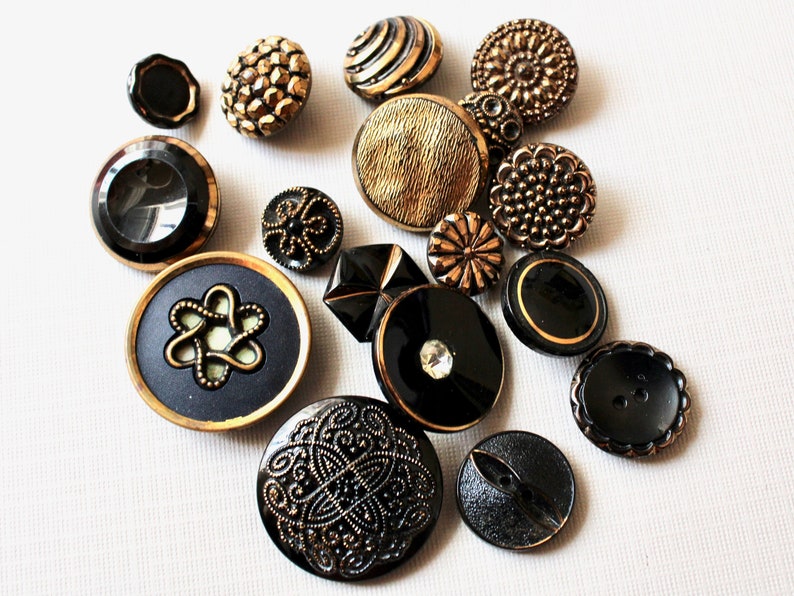 17 Vintage Fancy Glass Buttons Mixed Lot Black Glass Gold Luster Mirror Back Stamped Layered image 1