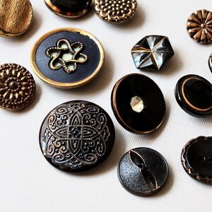 17 Vintage Fancy Glass Buttons Mixed Lot Black Glass Gold Luster Mirror Back Stamped Layered image 2