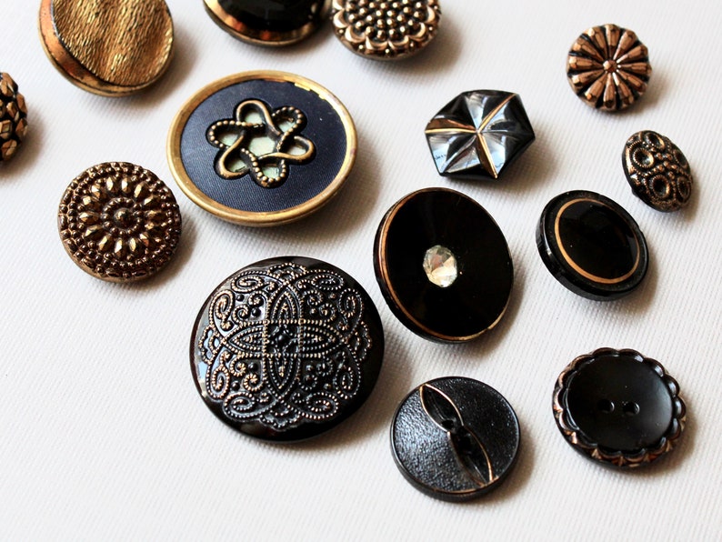 17 Vintage Fancy Glass Buttons Mixed Lot Black Glass Gold Luster Mirror Back Stamped Layered image 2