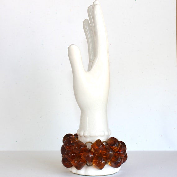 Art Deco Cognac Glass Cube Bead and Brass Bracele… - image 6