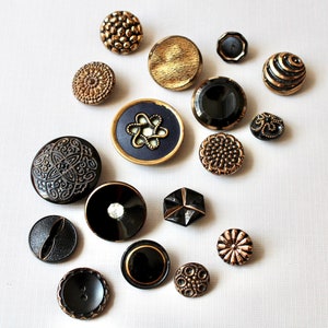 17 Vintage Fancy Glass Buttons Mixed Lot Black Glass Gold Luster Mirror Back Stamped Layered image 3