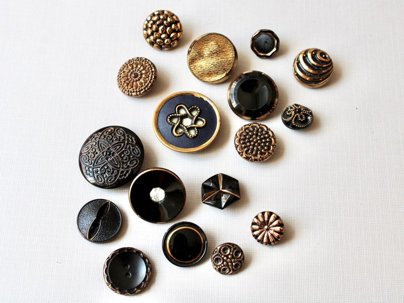 17 Vintage Fancy Glass Buttons Mixed Lot Black Glass Gold Luster Mirror Back Stamped Layered image 3