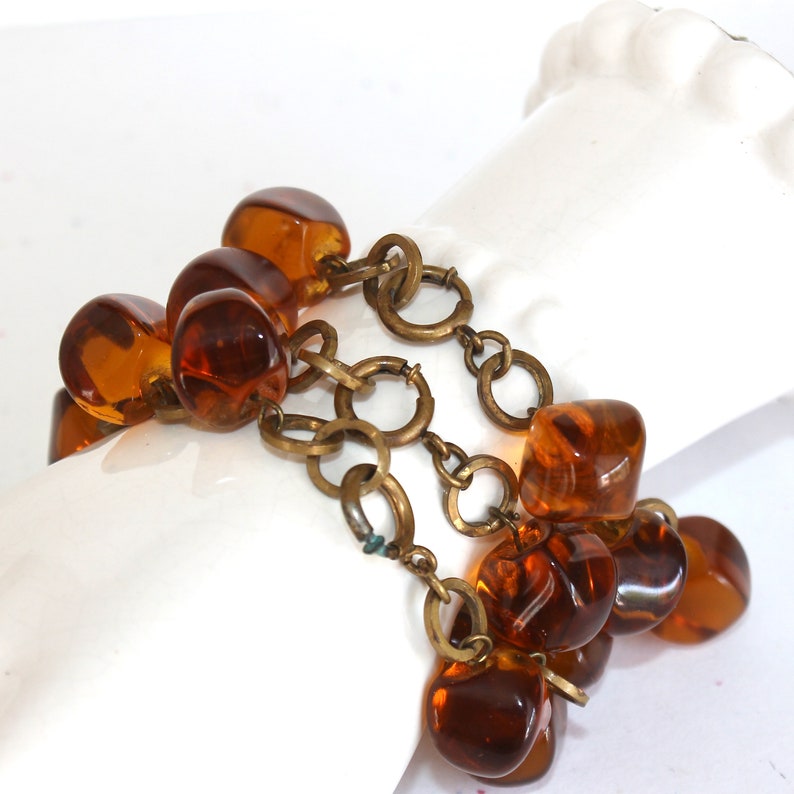 Art Deco Cognac Glass Cube Bead and Brass Bracelet Matching Antique Chunky Faceted Pillow Beads image 7
