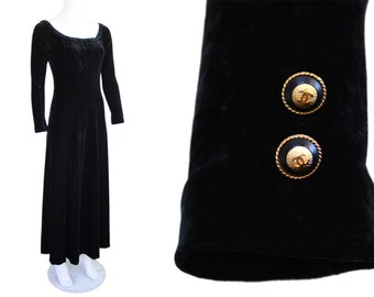 1980s Chanel Boutique Black Velvet Maxi Dress with Gold Chanel Buttons - Day-to-Night Vintage Dress