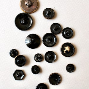 17 Vintage Fancy Glass Buttons Mixed Lot Black Glass Gold Luster Mirror Back Stamped Layered image 10