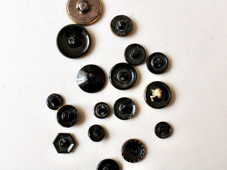 17 Vintage Fancy Glass Buttons Mixed Lot Black Glass Gold Luster Mirror Back Stamped Layered image 10