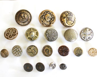 19 Antique and Vintage two Piece Metal Buttons Collection  - Stamped Edwardian Picture Buttons