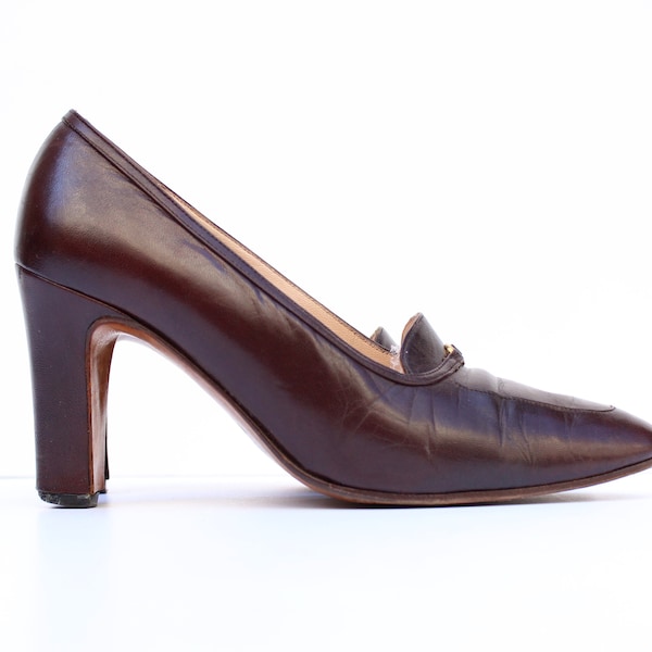 For Repair 1970s Gucci Loafer High Heels - Vintage 70s Designer Dark Brown Leather Pumps - Size 34.5 US 4.5
