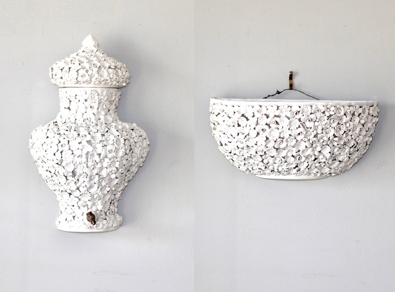 Mid Century Fiori Blanco Porcelain Wall Fountain and Cistern Planter Pocket Made in Italy White Floral Pottery Set image 2