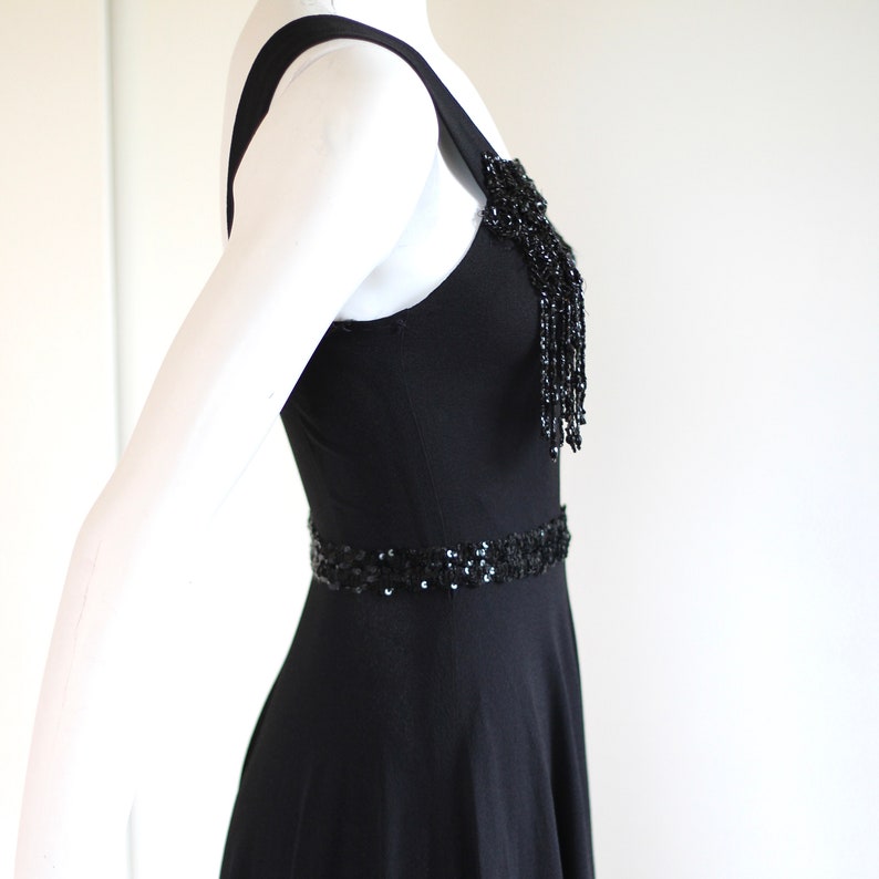 1930s Crepe Rayon Gown with Black Czech Bead Applique and Fringe Embellishments image 5