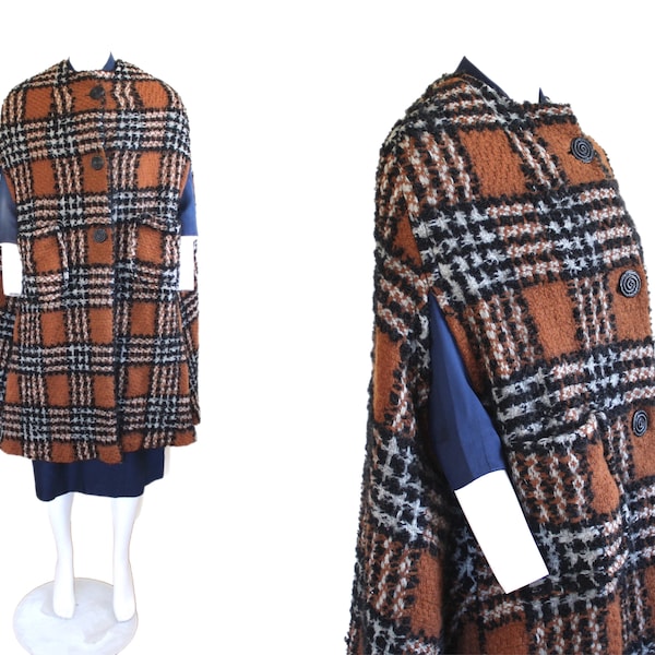 1960s Plaid Wool Cape Coat with Arm Openings and Pockets - Vintage Long Heavyweight Cloak - M/L