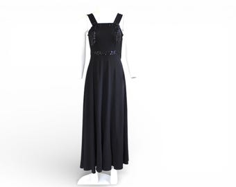 1930s Crepe Rayon Gown with Black Czech Bead Applique and Fringe Embellishments