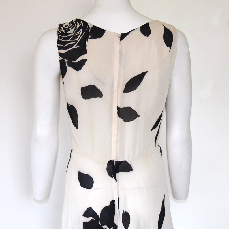 1970s Black Rose Crepe Bias Cut Maxi Dress Black and White Vintage Gown Small/Medium image 9