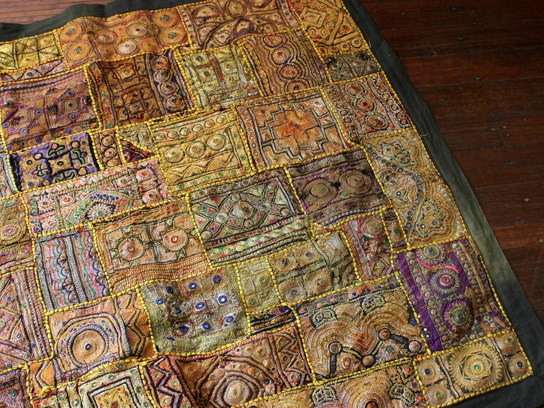 Old Rajasthani Indian Patchwork Zari Mirror Work Tapestry Etsy