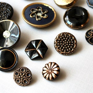 17 Vintage Fancy Glass Buttons Mixed Lot Black Glass Gold Luster Mirror Back Stamped Layered image 4