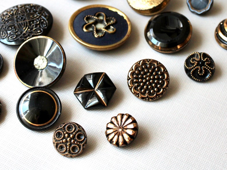 17 Vintage Fancy Glass Buttons Mixed Lot Black Glass Gold Luster Mirror Back Stamped Layered image 4