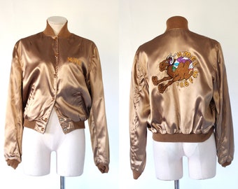 1980s KMEL 106 FM Gold Satin Embroidered Bomber Jacket - Michael Heller - Vintage San Francisco Radio Station Camel Jacket - Unworn