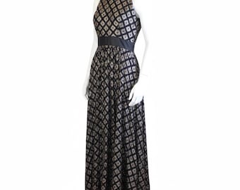 1960s Metallic Gold and Black Silk Chiffon Full Skirt Vintage Formal Maxi Dress
