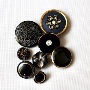 17 Vintage Fancy Glass Buttons Mixed Lot Black Glass Gold Luster Mirror Back Stamped Layered image 8