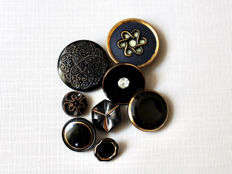 17 Vintage Fancy Glass Buttons Mixed Lot Black Glass Gold Luster Mirror Back Stamped Layered image 8