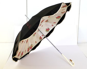 1960s Double Canopy Umbrella - Vintage Black Mod Umbrella Lined in Pink Flower Print