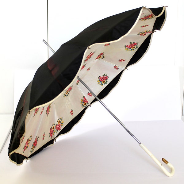 1960s Double Canopy Umbrella - Vintage Black Mod Umbrella Lined in Pink Flower Print