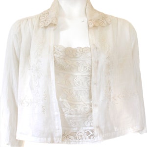 Antique Edwardian Voile Cotton Summer Blouse Handmade Filet Lace and Embroidered White Work