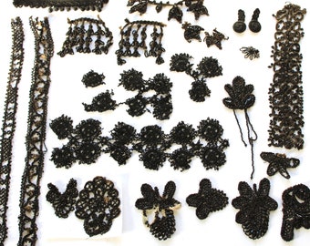 Victorian Antique Lot of Black Glass Appliqués Beaded Trim Soutache Crochet Cord - 19 Pieces