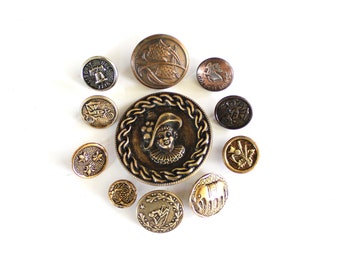 11 Antique Vintage Metal Picture Button Collection - Victorian Edwardian Pressed and Tinted Brass Mixed Metal