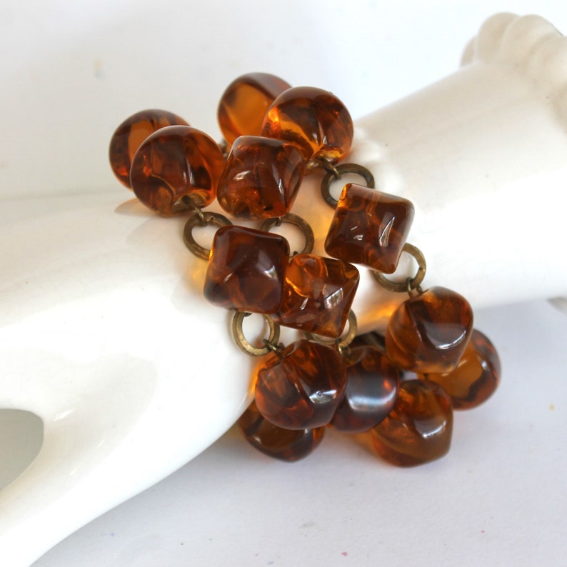 Art Deco Cognac Glass Cube Bead and Brass Bracelet Matching Antique Chunky Faceted Pillow Beads image 1