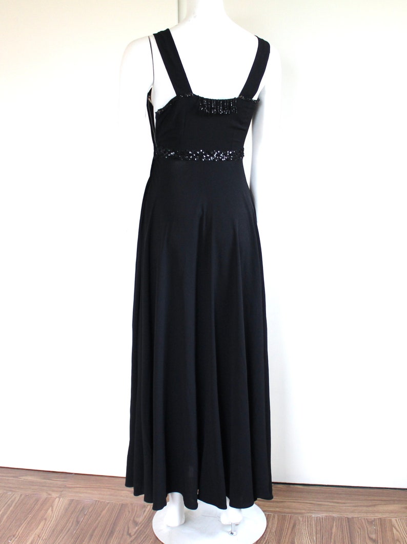 1930s Crepe Rayon Gown with Black Czech Bead Applique and Fringe Embellishments image 3