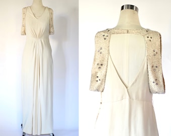 1930s Fashion Originators Guild Embellished Rayon Crepe Backless Evening Gown - Small