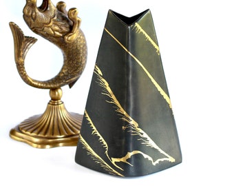 Rosenthal Netter Resist Glaze Solid Brass Matte Black Fish Mouth Vase - Vintage Mid Century Sculpture