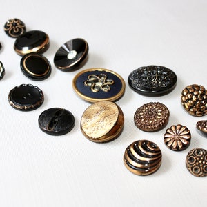 17 Vintage Fancy Glass Buttons Mixed Lot Black Glass Gold Luster Mirror Back Stamped Layered image 9