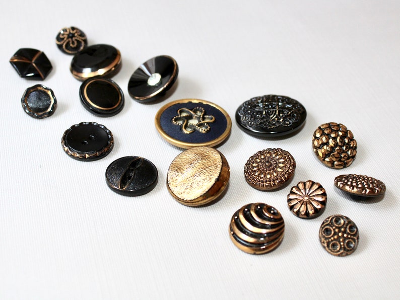 17 Vintage Fancy Glass Buttons Mixed Lot Black Glass Gold Luster Mirror Back Stamped Layered image 9