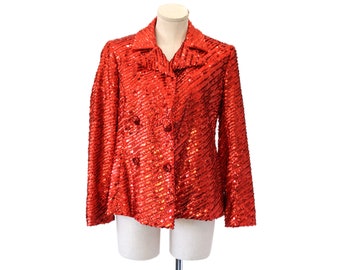 1960s Malcom Star Designer Red Sequin Double Breasted Crepe Wool Vintage Coat  - Medium