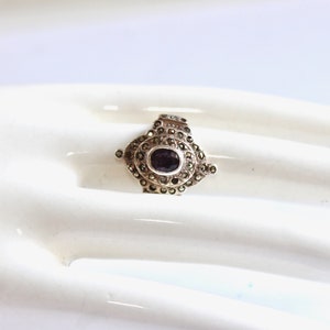 Antique Bohemian Garnet and Pave Marcasite Thai Princess Ring Sterling Silver Faceted Oval Bezel Setting Flat Band Size 6 image 2
