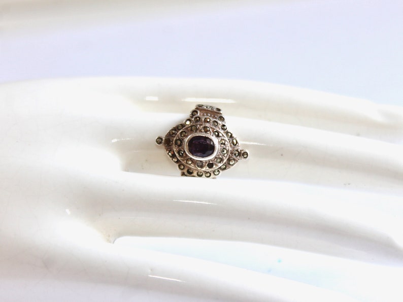 Antique Bohemian Garnet and Pave Marcasite Thai Princess Ring Sterling Silver Faceted Oval Bezel Setting Flat Band Size 6 image 2