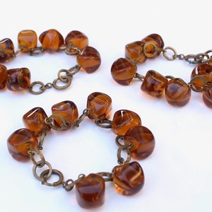 Art Deco Cognac Glass Cube Bead and Brass Bracelet - Matching Antique Chunky Faceted Pillow Beads